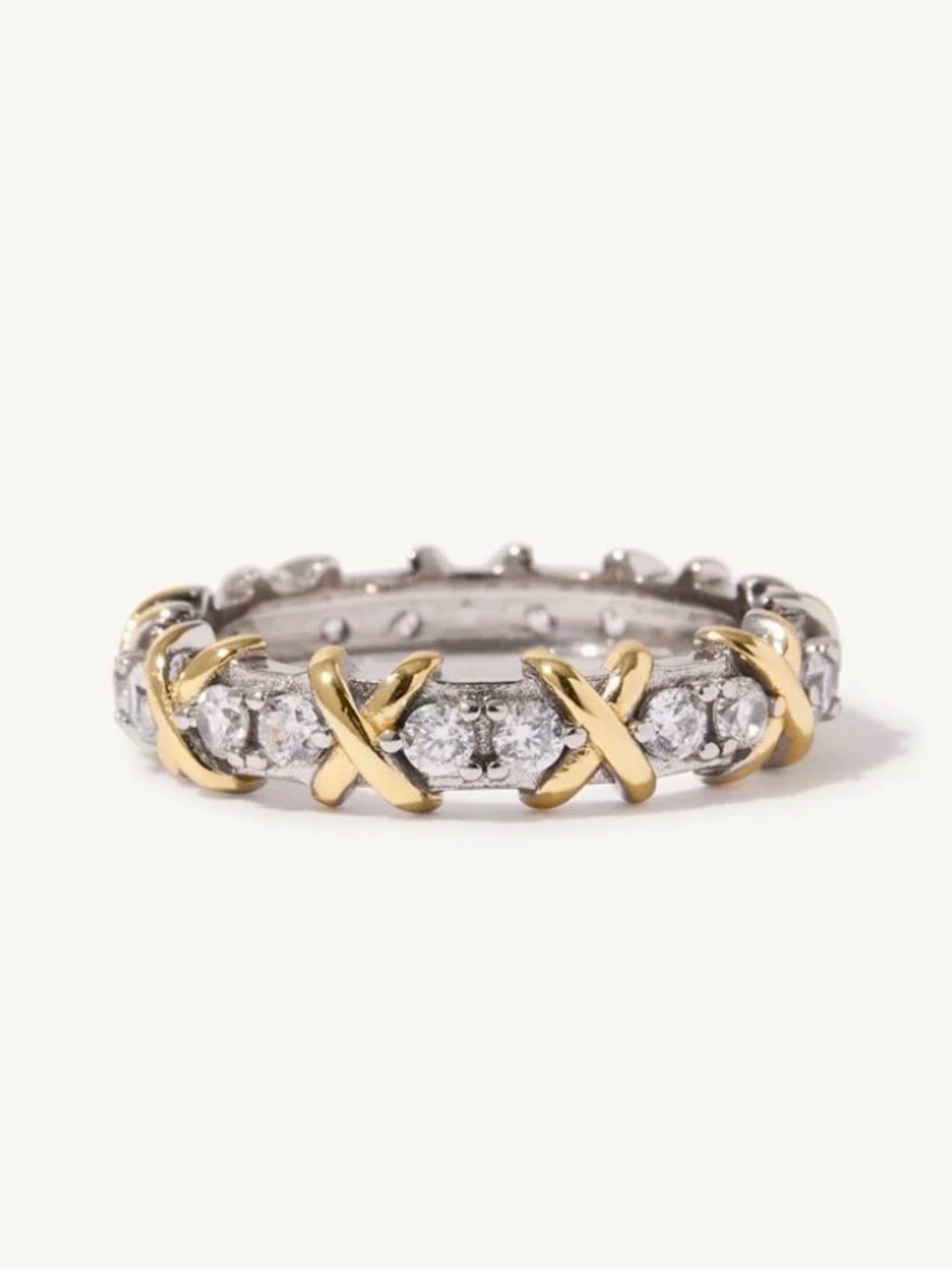 Two-Tone Crisscross Diamond Eternity Ring in Silver and Gold